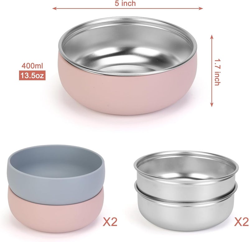 ShineMe Stainless Steel Baby Bowls, 2 pack Toddler Bowls with Removable Colorful Silicone Sleeve, Unbreakable Kids Bowls Non-Slip for Candy, Soup, Cereal, Yogurt, Snacks... - Image 2